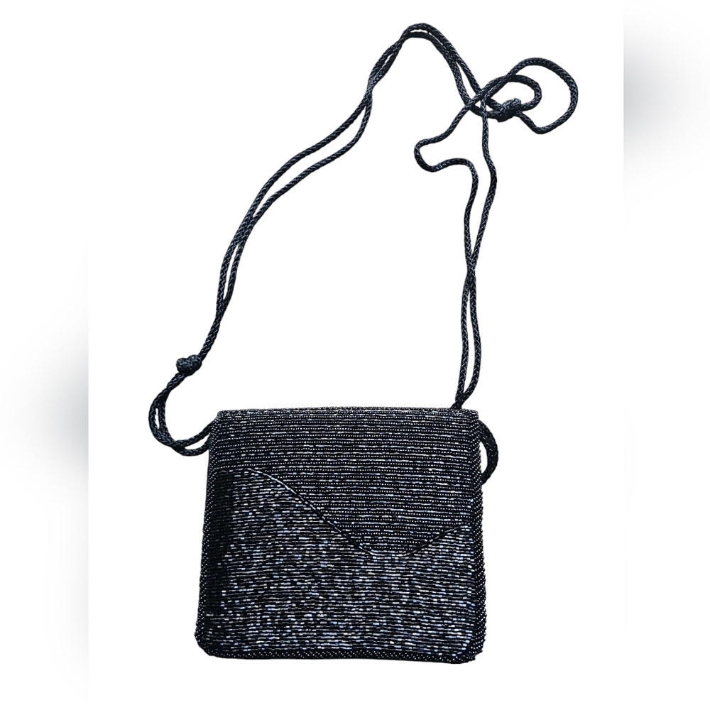 Diane Von Fursteberg Satin Beaded Elegant Black Beaded Crossbody Shoulder‎ Bag
